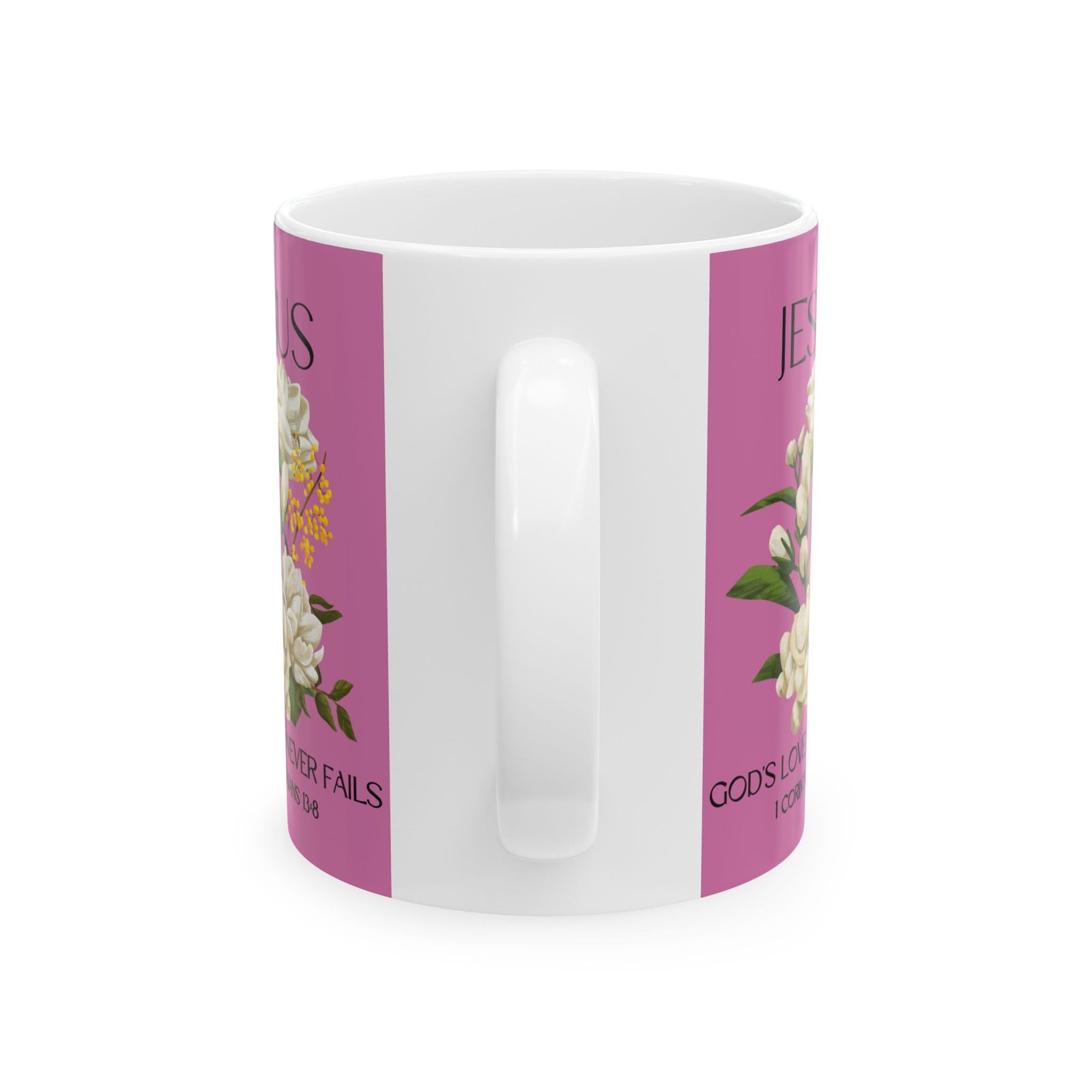 Jesus Inspirational Ceramic Mug 11 oz - God's Love Never Fails - Perfect for Every Occasion, Coffee Lovers Gift, Christian Encouragement, Floral - Image 2
