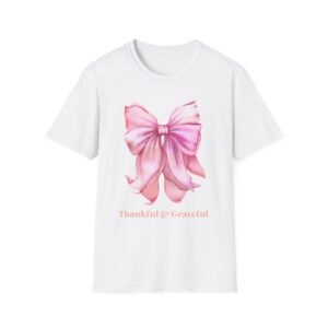 Thankful & Grateful Bow T-Shirt, Unisex Softstyle Tee, Thanksgiving Gift, Fall Apparel, Cute Casual Wear, Gratitude Shirt