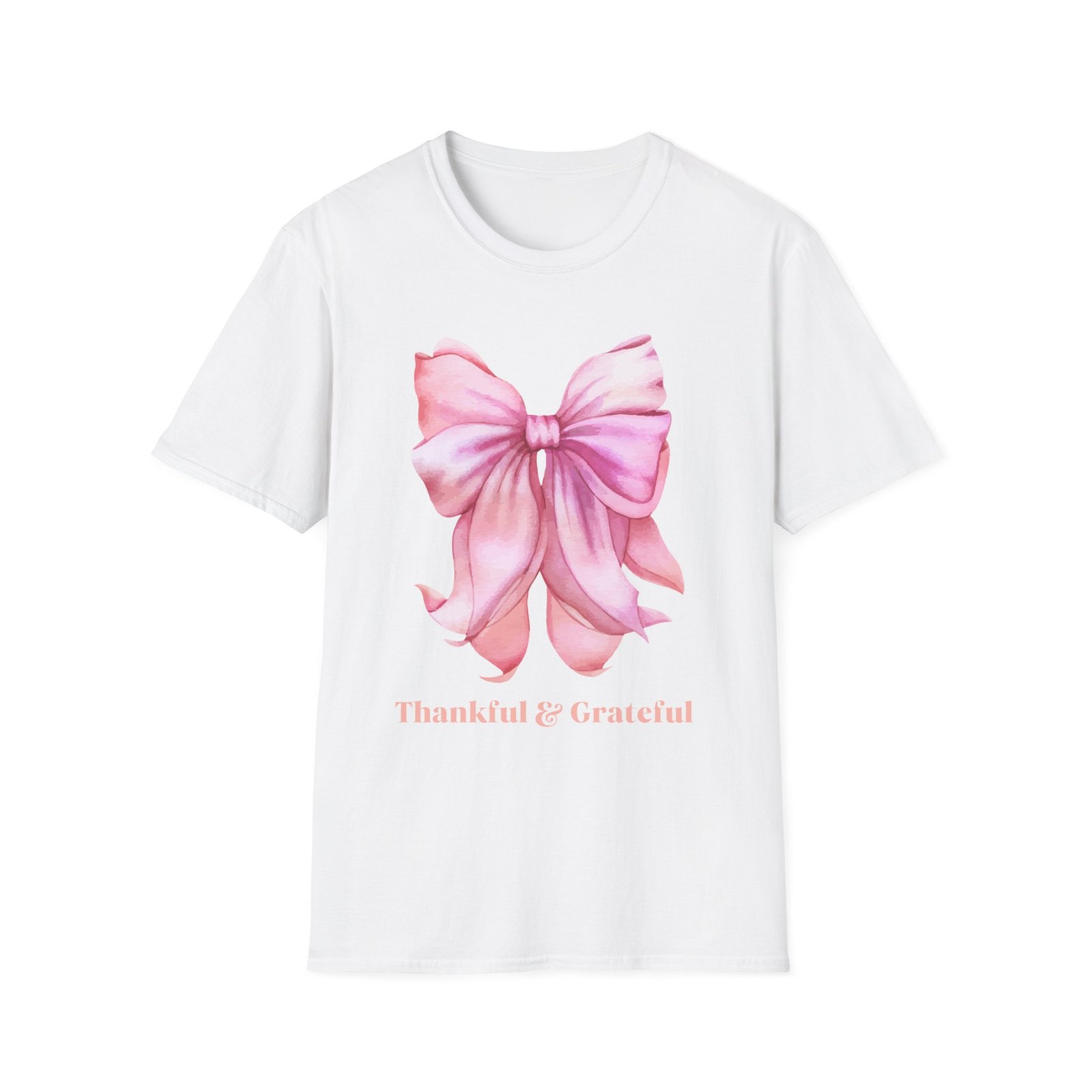 Thankful & Grateful Bow T-Shirt, Unisex Softstyle Tee, Thanksgiving Gift, Fall Apparel, Cute Casual Wear, Gratitude Shirt
