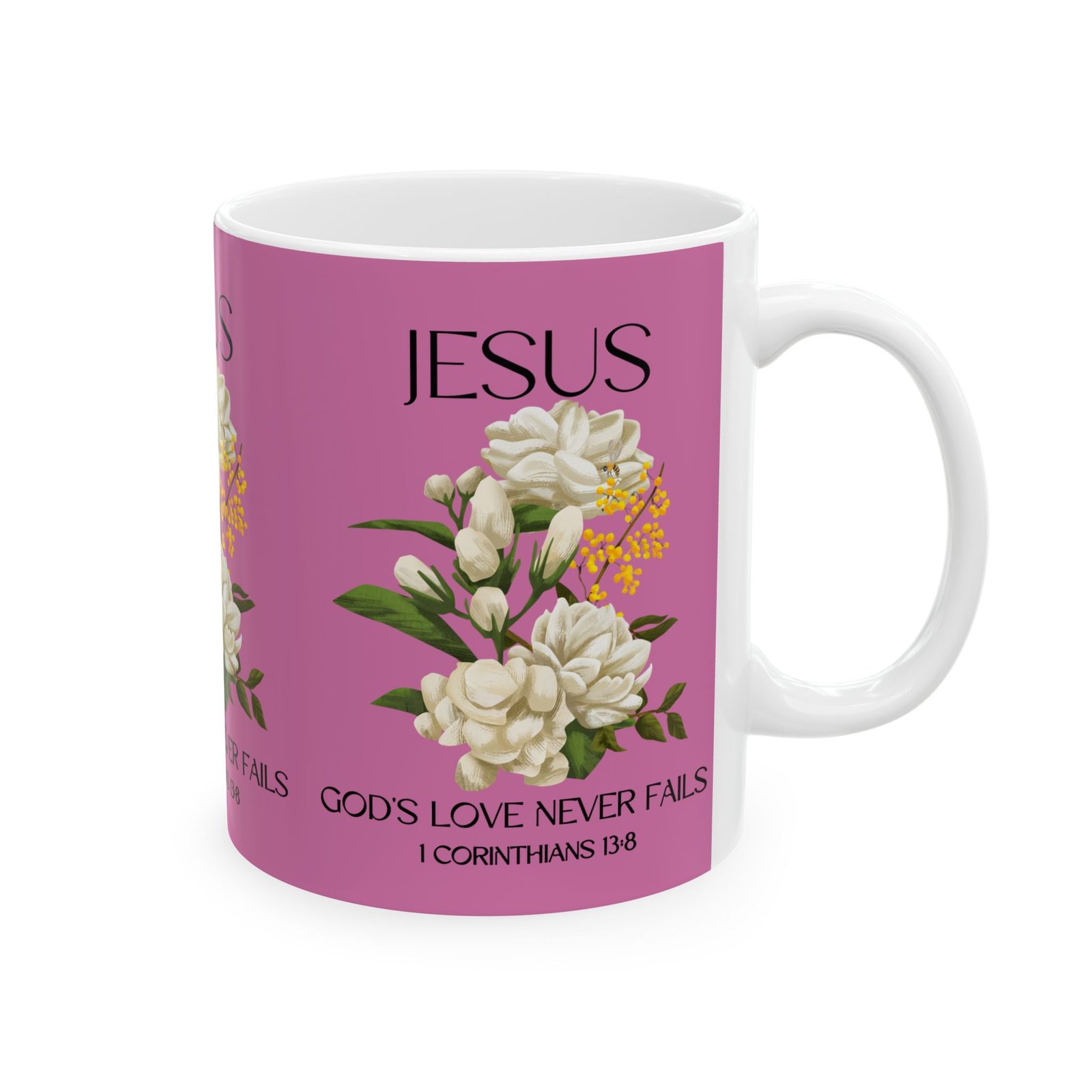 Jesus Inspirational Ceramic Mug 11 oz - God's Love Never Fails - Perfect for Every Occasion, Coffee Lovers Gift, Christian Encouragement, Floral - Image 4