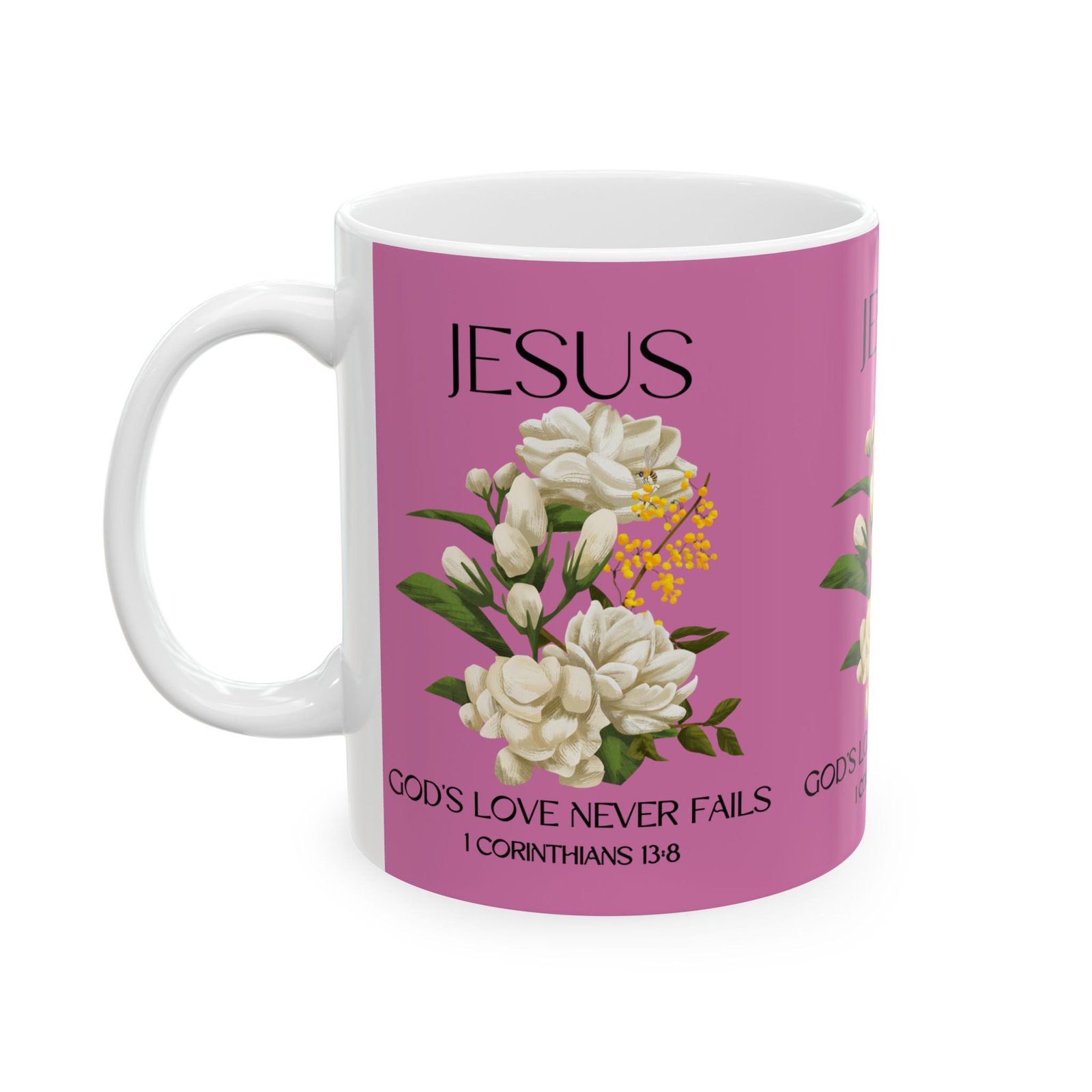 Jesus Inspirational Ceramic Mug 11 oz - God's Love Never Fails - Perfect for Every Occasion, Coffee Lovers Gift, Christian Encouragement, Floral - Image 3