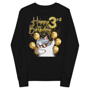 Happy Birthday 3rd Cool Cat with balloons Youth long sleeve tee