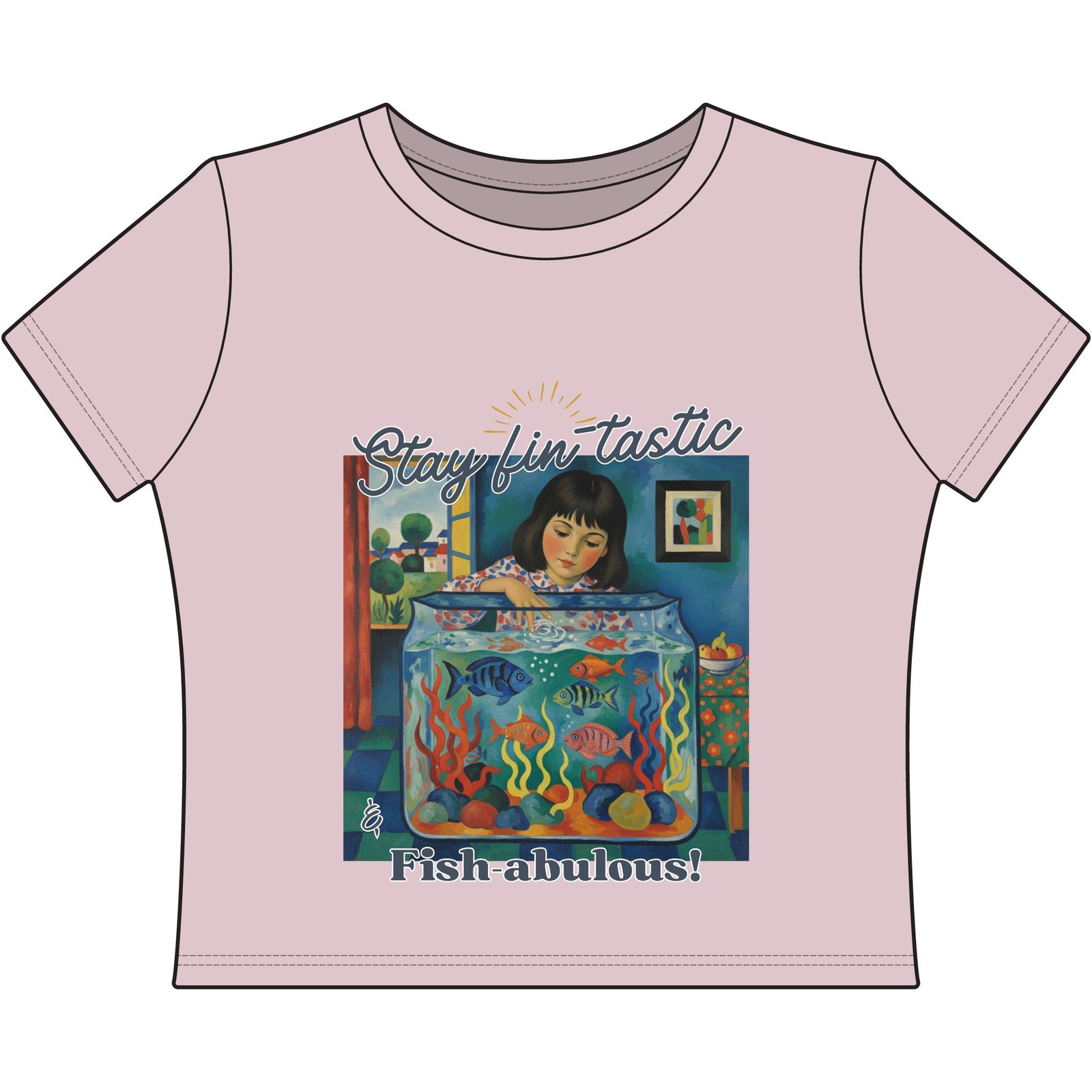Stay Fin-tastic Cropped baby Tee- Aquarium Art Fish Graphic Shirt for Women