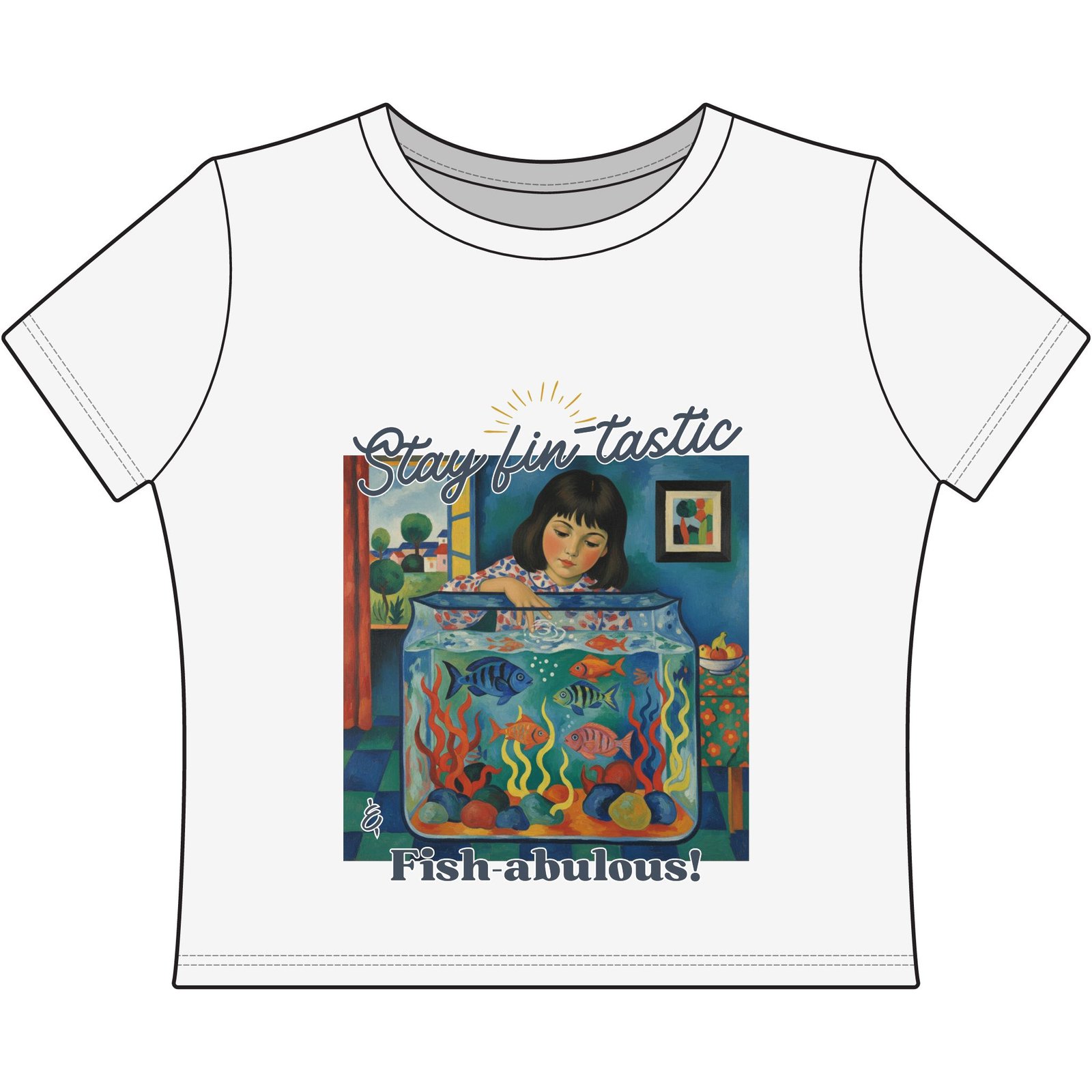 Stay Fin-tastic Cropped baby Tee- Aquarium Art Fish Graphic Shirt for Women - Image 3