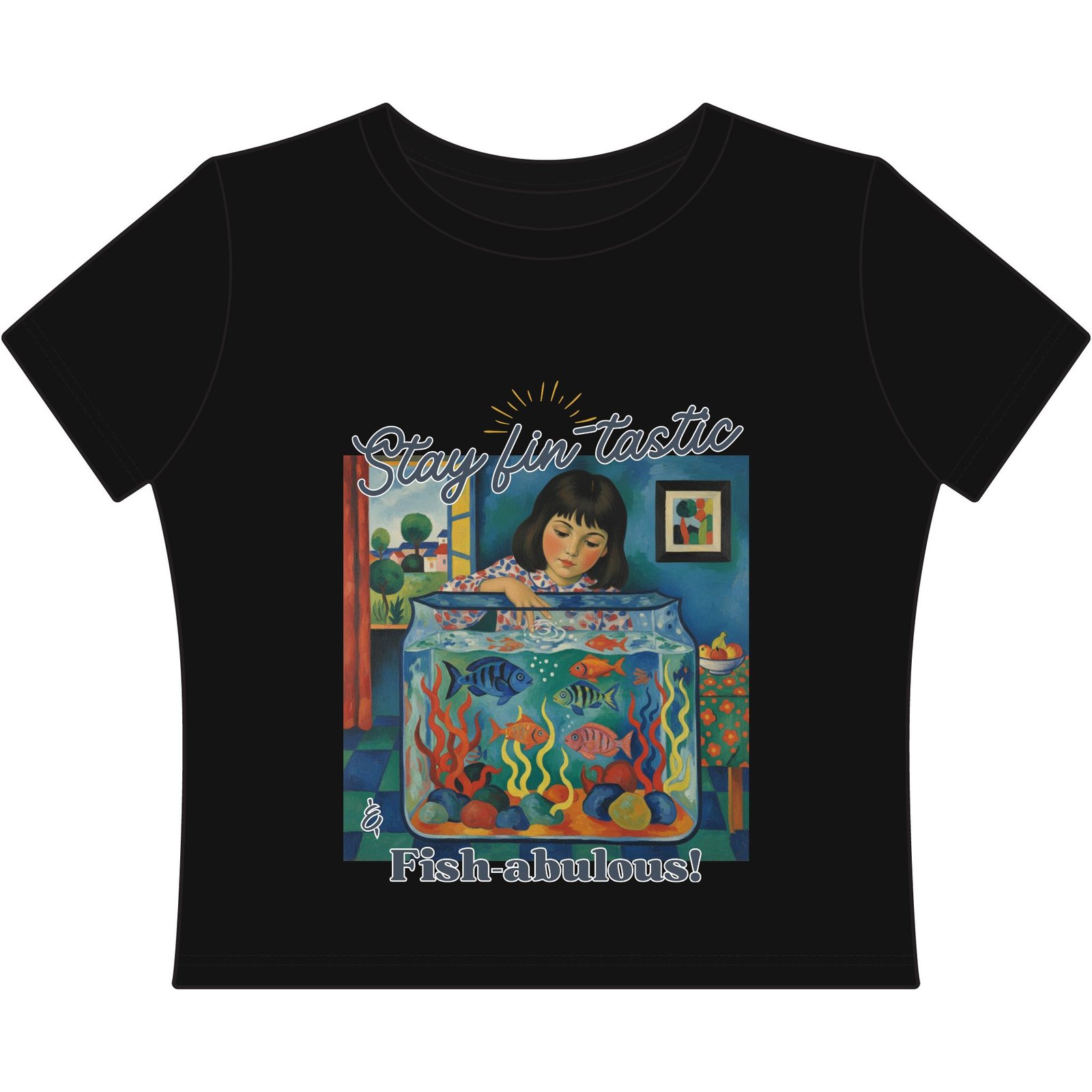 Stay Fin-tastic Cropped baby Tee- Aquarium Art Fish Graphic Shirt for Women - Image 7