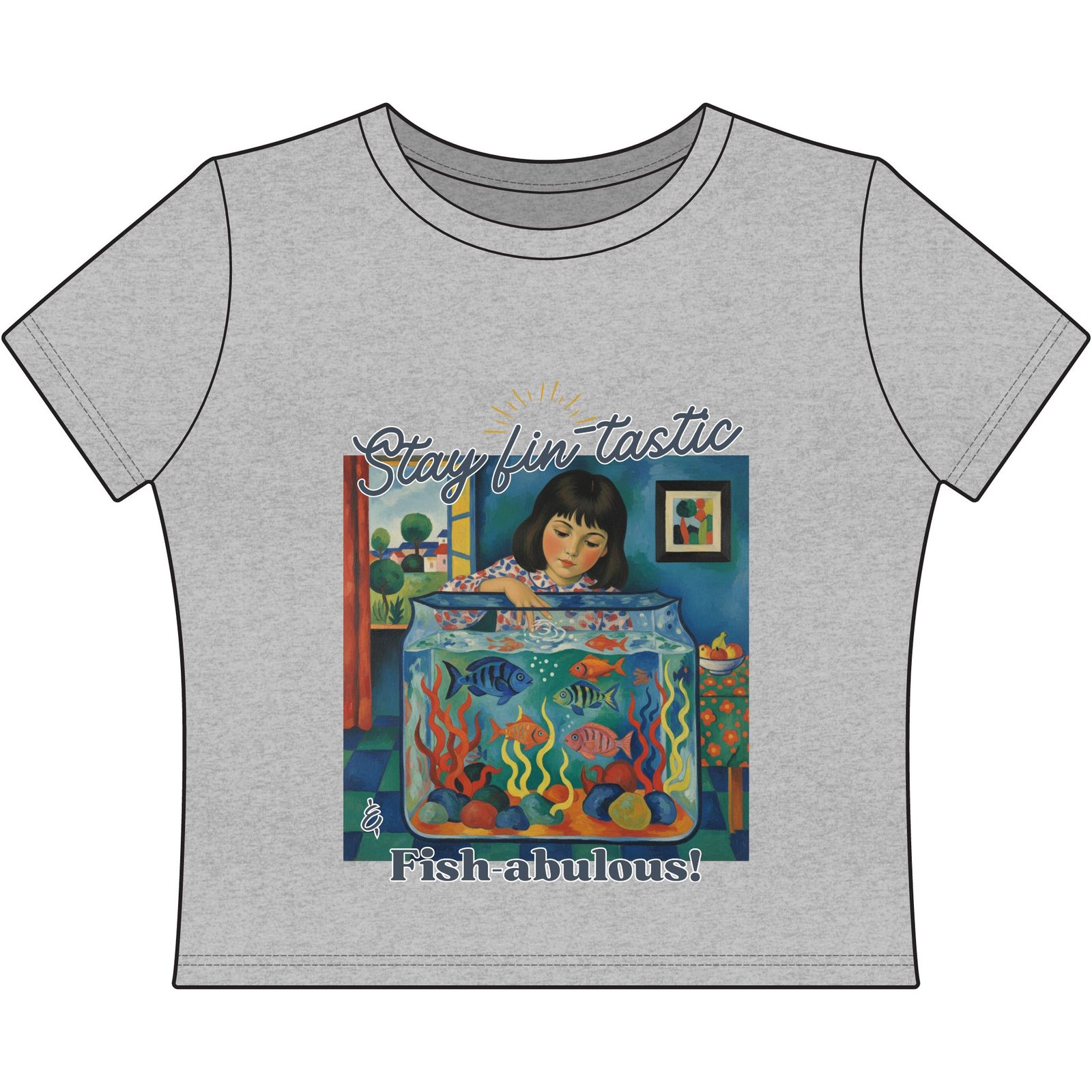 Stay Fin-tastic Cropped baby Tee- Aquarium Art Fish Graphic Shirt for Women - Image 5